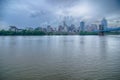 Cincinnati skyline. Image of Cincinnati skyline and historic John A. Roebling suspension bridge cross Ohio River.