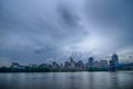 Cincinnati skyline. Image of Cincinnati skyline and historic John A. Roebling suspension bridge cross Ohio River.