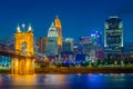 The Cincinnati skyline and Ohio River at night, seen from Covington, Kentucky Royalty Free Stock Photo