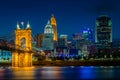 The Cincinnati skyline and Ohio River at night, seen from Covington, Kentucky Royalty Free Stock Photo