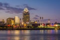 The Cincinnati skyline and Ohio River at night, seen from Covington, Kentucky Royalty Free Stock Photo