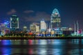 The Cincinnati skyline and Ohio River at night, seen from Covington, Kentucky Royalty Free Stock Photo