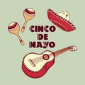 Cinco De Mayo background. Sombrero, guitar, maracas vector elements