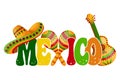 Cinco de mayo banner. Colorful word Mexico with sombrero, maracas and guitar on white background. Poster, holiday banner