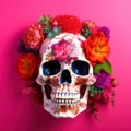 Cinco de Mayo banner, invitation. Decorative skull with flowers on bright colourful background. Royalty Free Stock Photo