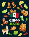 Cinco de mayo banner with symbols of Mexico, Mexico flag, maracas, sambrero, chili, poncho, lemon, llama, cowboy boots and guitar