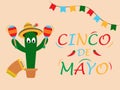 Cinco de Mayo, Cactus in sambrero with maracas and harmonica. Mexican holiday on May 5th. Royalty Free Stock Photo