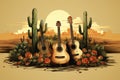 Cinco de Mayo cartoon style background, three wooden guitars next to cacti in the Mexican desert