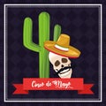 Cinco de mayo celebration card with mariachi skull and cactu