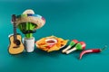 Cinco de mayo celebration concept. Cactus, maracas and sombrero hat on tilt green background