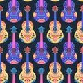 Cinco de Mayo celebration. Mexican holiday. Colorful vector seamless pattern with decorated guitars on a dark background Royalty Free Stock Photo