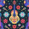 Cinco de Mayo celebration. Mexican holiday. Colorful vector seamless pattern with flowers, maracas, guitars on a dark Royalty Free Stock Photo