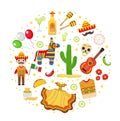 Cinco de Mayo celebration in Mexico, icons set in round shape, design element, flat style. Vector illustration. Royalty Free Stock Photo