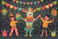 Cinco de mayo celebration. Two kids and pinata dancing in the party. Illustration 3:2