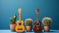 Cinco de Mayo concept. Two acoustic wooden guitars, cacti on a blue background. Royalty Free Stock Photo