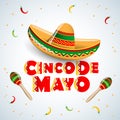 Cinco de Mayo emblem design with lettering, sombrero and maracas - symbols of holiday. Isolated Vector illustration.