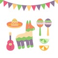 Cinco de Mayo festival in Mexico icon set. Set of traditional ethnic symbols for Mexican parade with maracas, pinata