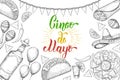 Cinco de Mayo Festive background with hand drawn symbols - chili pepper, maracas, sombrero, nachos, tacos, burritos, tequila,