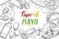 Cinco de Mayo Festive background with hand drawn symbols - chili pepper, maracas, sombrero, nachos, tacos, burritos, tequila,