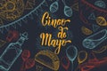 Cinco de Mayo Festive background with hand drawn symbols - chili pepper, maracas, sombrero, nachos, tacos, burritos, tequila,