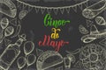 Cinco de Mayo Festive background with hand drawn symbols - chili pepper, maracas, sombrero, nachos, tacos, burritos, tequila,