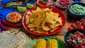 Cinco de mayo food. Traditional mexican corn tortilla chip, Pico de gallo, Nachos, Guacamole, Salsa, Burrito