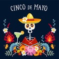 Cinco de Mayo greeting card, invitation with Mexican skeleton with sombrero hat drinking margarita cocktail, chili Royalty Free Stock Photo