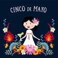 Cinco de Mayo greeting card, invitation with Mexican woman drinking margarita cocktail, chili peppers and decorative Royalty Free Stock Photo