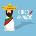 Cinco de Mayo greeting card with Mexican man with sombrero, hand drawn text and chilli pepper, flat design, Royalty Free Stock Photo