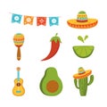 Cinco de mayo guitar cactus maraca lemon avocado mexican icons