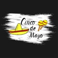 Cinco de mayo handwritten lettering phrase design, hand draw cartoon doodles colorful sombrero and maracas on white grunge Royalty Free Stock Photo