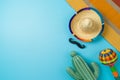 Cinco de Mayo holiday background with Mexican cactus, maracas and party sombrero hat. Top view, flat lay Royalty Free Stock Photo