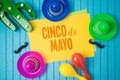 Cinco de Mayo holiday background with Mexican cactus and party sombrero hat on wooden board Royalty Free Stock Photo