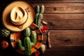 Cinco de Mayo holiday background with Mexican cactus and sombrero hat on wooden table. Generative ai Royalty Free Stock Photo