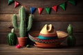 Cinco de Mayo holiday background with Mexican cactus and sombrero hat on wooden table. Generative ai Royalty Free Stock Photo