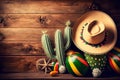 Cinco de Mayo holiday background with Mexican cactus and sombrero hat on wooden table. Generative ai Royalty Free Stock Photo