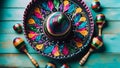 Cinco de Mayo holiday background with Mexican party sombrero hat and maracas on blue wood table Royalty Free Stock Photo