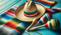 Cinco de Mayo holiday background with party sombrero hat and maracas on blue wood table Royalty Free Stock Photo