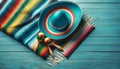 Cinco de Mayo holiday background with party sombrero hat and maracas on blue wood table Royalty Free Stock Photo