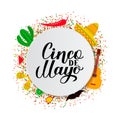 Cinco De Mayo lettering on paper plate with traditional mexican symbols Sombrero, guitar, pepper, cactus, maracas. Easy to edit Royalty Free Stock Photo
