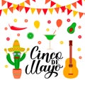 Cinco De Mayo lettering with traditional mexican clip art Sombrero, cactus, pepper, guitar, avocado, margarita, maracas. Vector