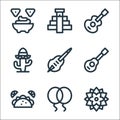 cinco de mayo line icons. linear set. quality vector line set such as dalia, balloons, tacos, jarana, toloche, cactus, guitar,