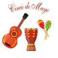 Cinco de Mayo. maracas green and red, drum, guitar. Congratulatory inscription. illustration