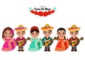 Cinco de Mayo in May 5 federal holiday in Mexico with Cartoon boys and girls in different Mexican outfits Royalty Free Stock Photo