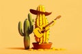 Cinco de Mayo. Mexican cactus in sombrero playing guitar. Yellow background