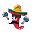Cinco de Mayo Mexican. Cute funny hot pepper with maracas and sombrero. Isolated on white background. Vector banner Royalty Free Stock Photo