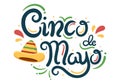 Cinco de Mayo Mexican Holiday Celebration Cartoon Style Illustration with Cactus, Guitar, Sombrero and Drinking Tequila for Poster Royalty Free Stock Photo