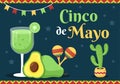 Cinco de Mayo Mexican Holiday Celebration Cartoon Style Illustration with Cactus, Guitar, Sombrero and Drinking Tequila for Poster Royalty Free Stock Photo