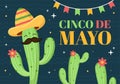 Cinco de Mayo Mexican Holiday Celebration Cartoon Style Illustration with Cactus, Guitar, Sombrero and Drinking Tequila for Poster Royalty Free Stock Photo