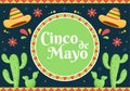 Cinco de Mayo Mexican Holiday Celebration Cartoon Style Illustration with Cactus, Guitar, Sombrero and Drinking Tequila for Poster Royalty Free Stock Photo